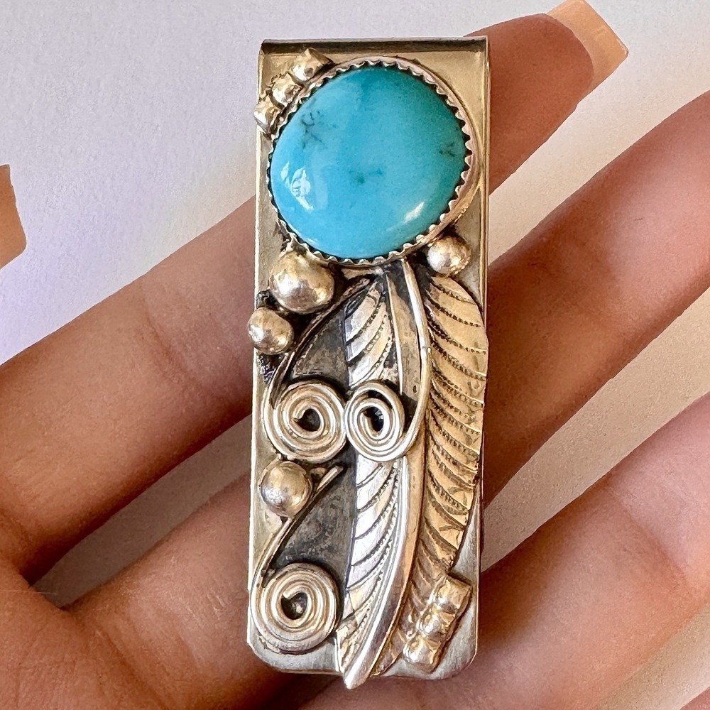 Navajo Natural Turquoise Money Clip Silver 2in Mens Gift Handmade Sally Arviso
